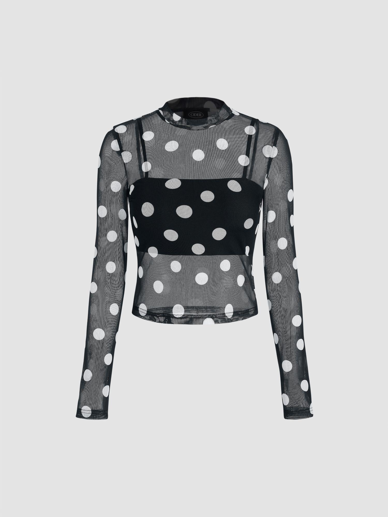 mesh high neck polka dot long sleeve top (set of 2)