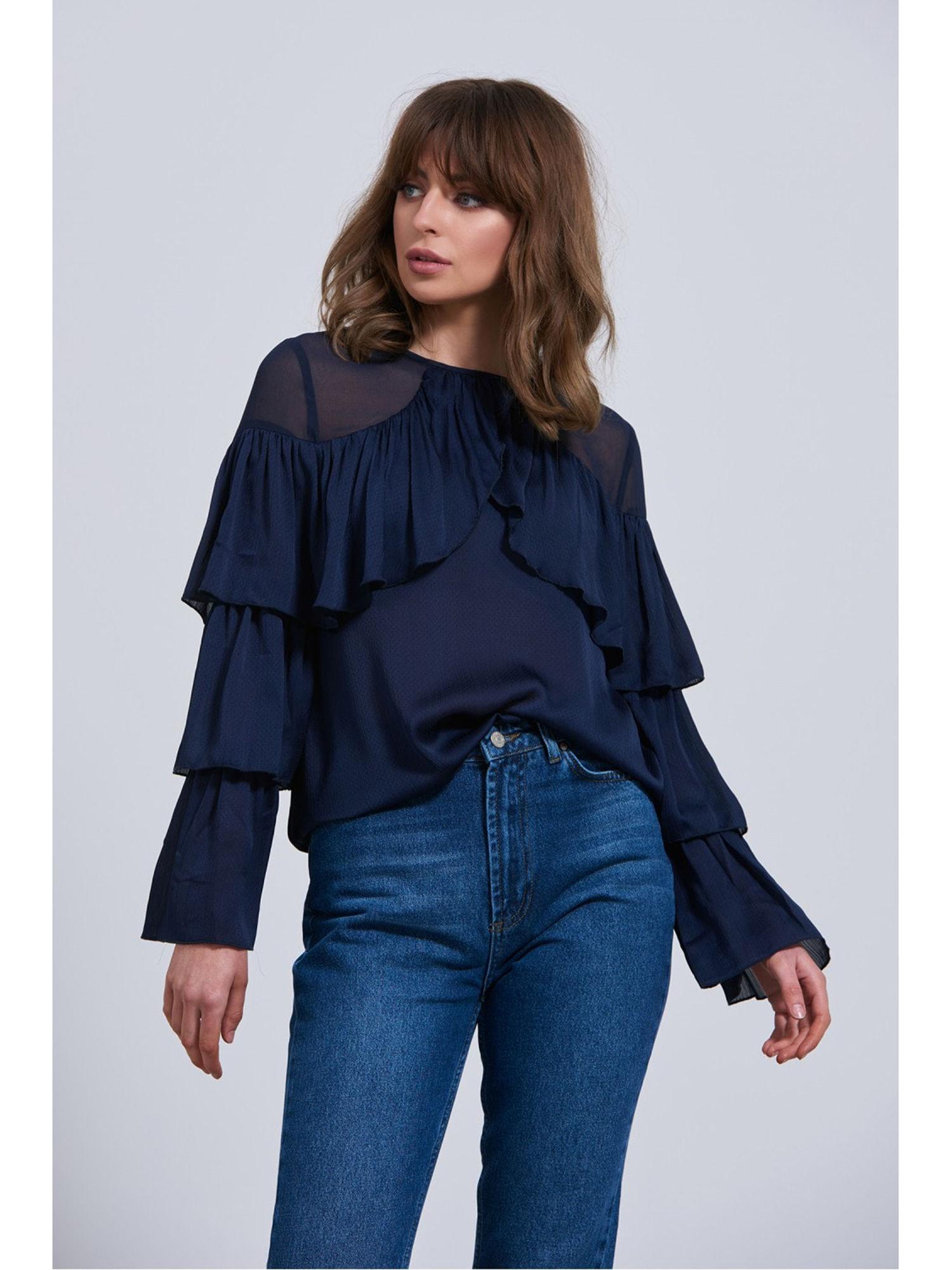 mesh insert navy tiered blouse