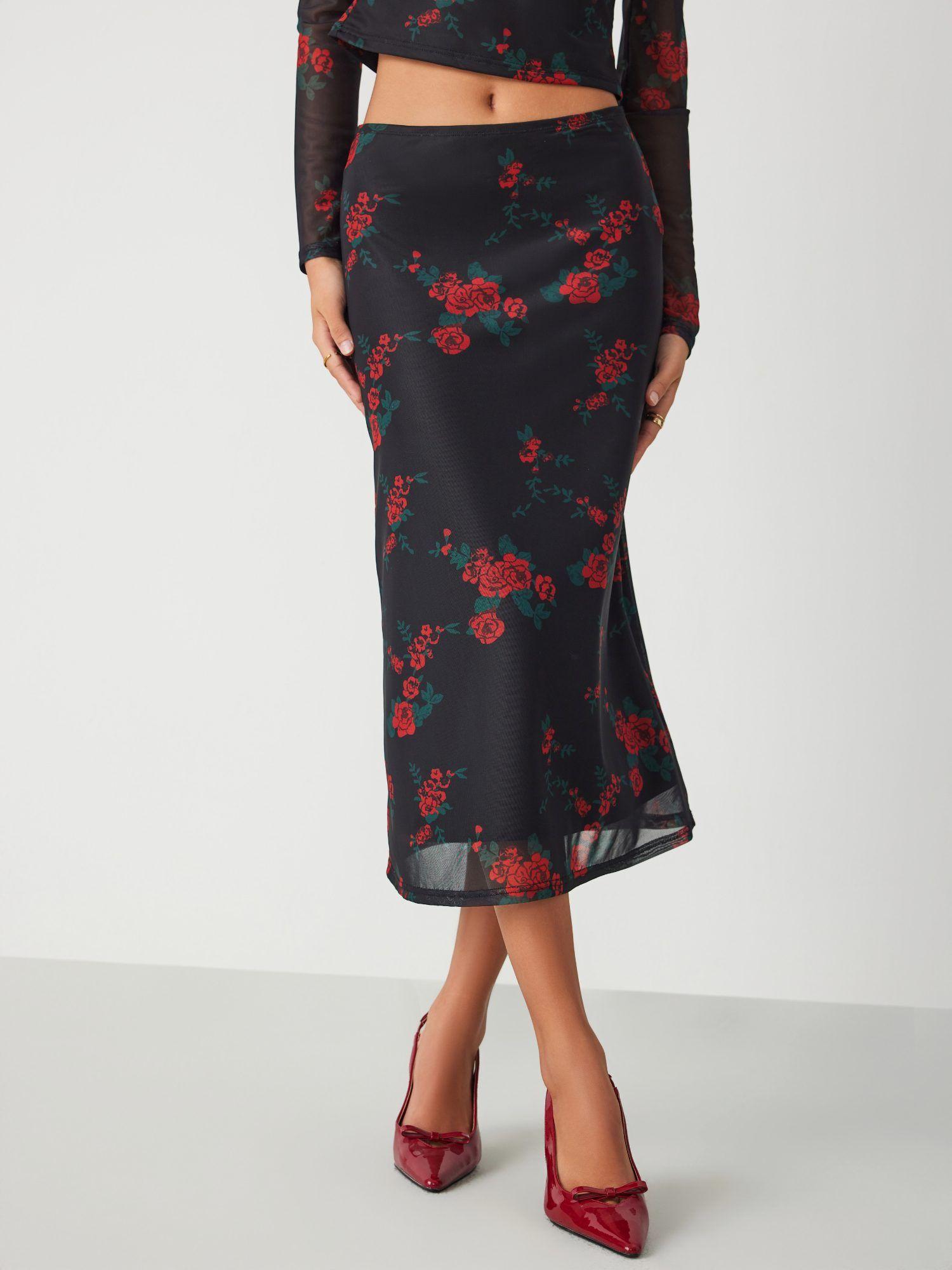 mesh low waist floral midi skirt