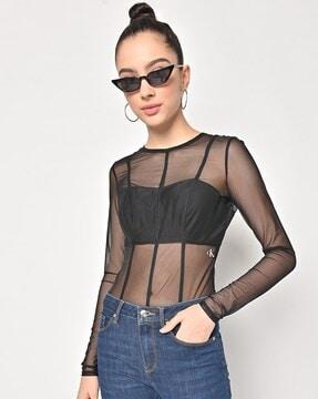 mesh slim fit round-neck top