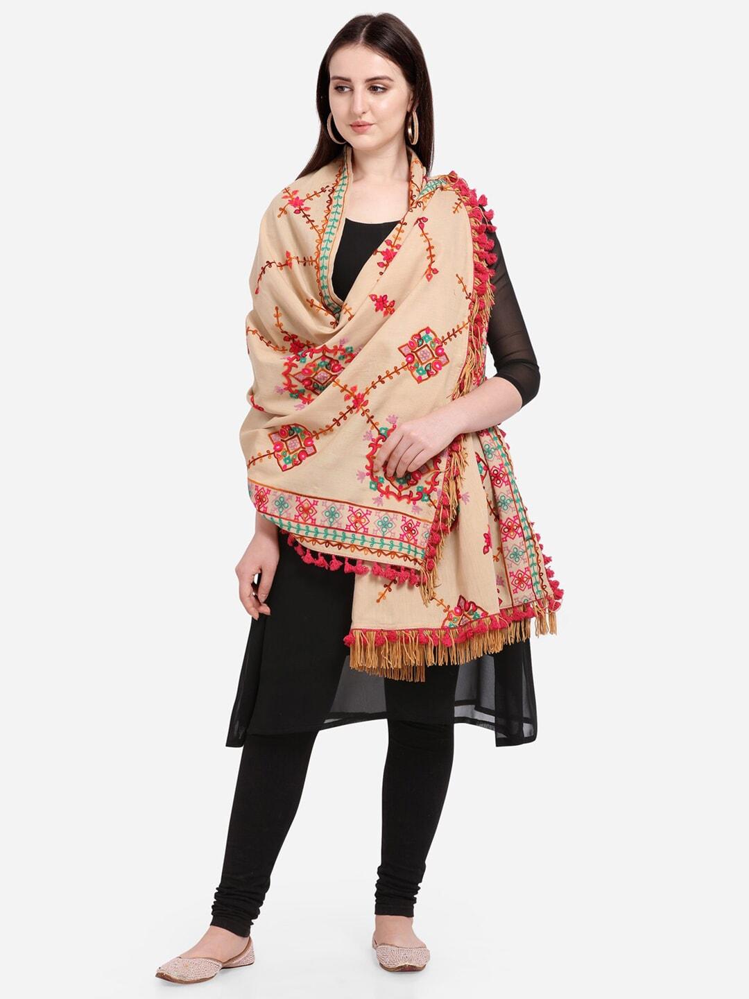 mesmora fashion beige & pink ethnic motifs embroidered pure cotton dupatta