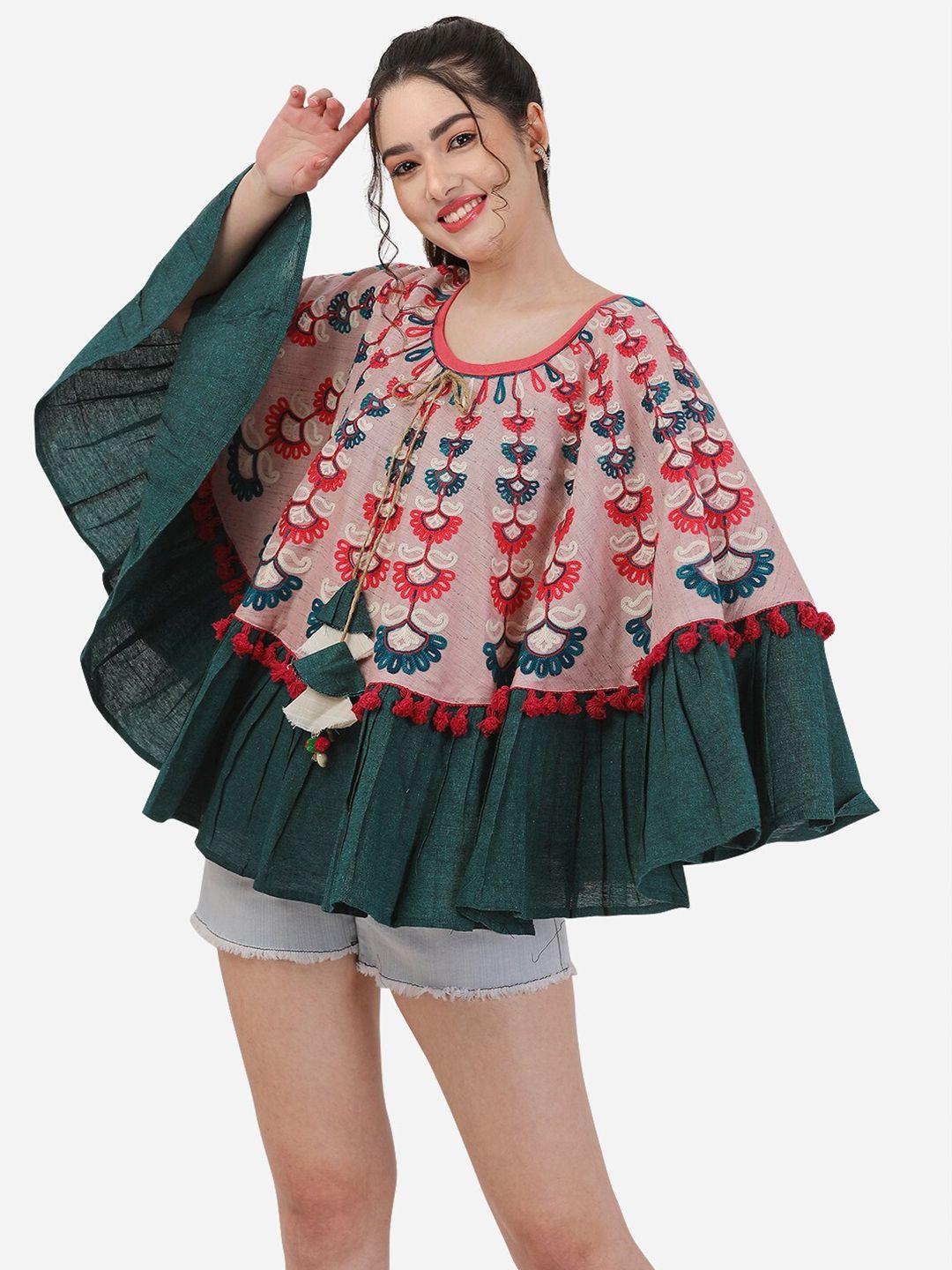 mesmora fashion women round neck floral cotton poncho with embroidered detail