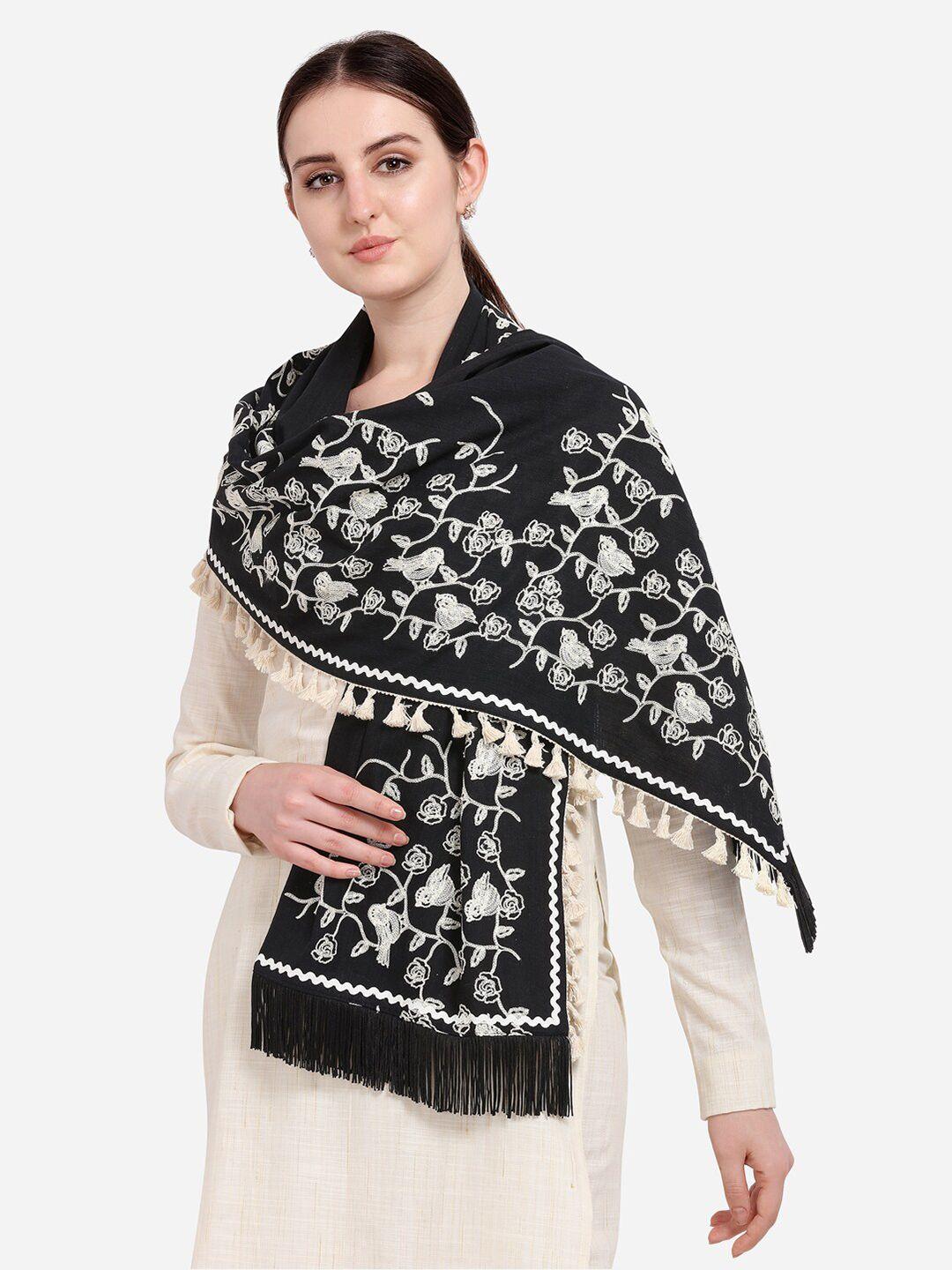 mesmora fashion black & white floral embroidered pure cotton dupatta