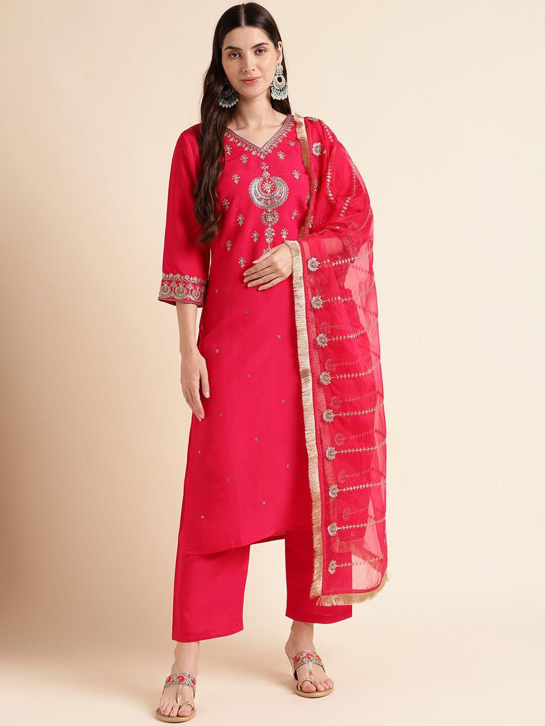 mesmora fashion ethnic motifs embroidered pure cotton kurta with trousers & dupatta