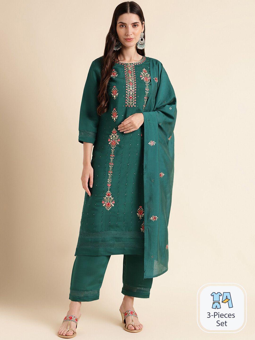 mesmora fashion ethnic motifs embroidered pure cotton kurta with trousers & dupatta