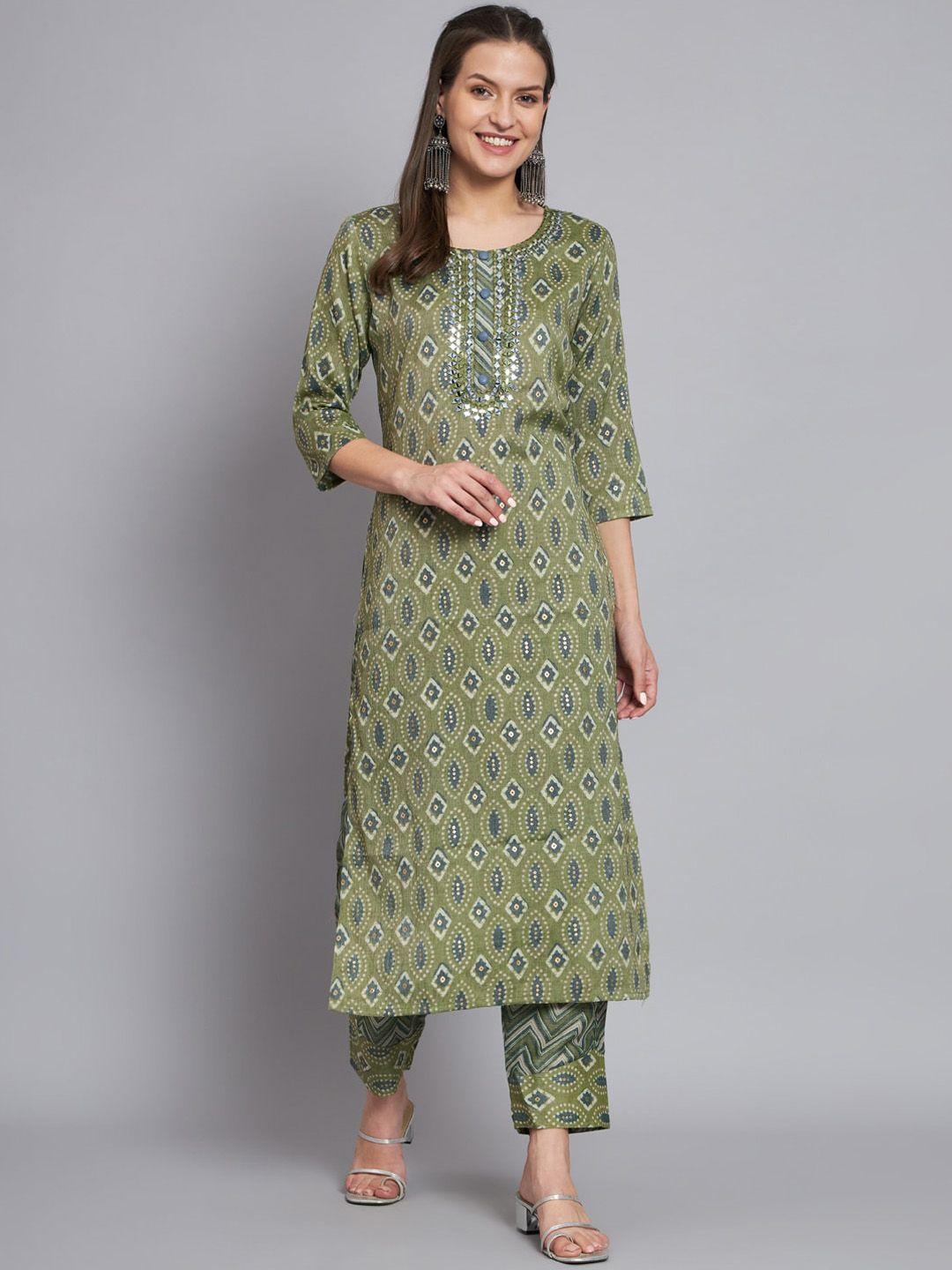 mesmora fashion ethnic motifs printed mirror work pure cotton kurta with trousers