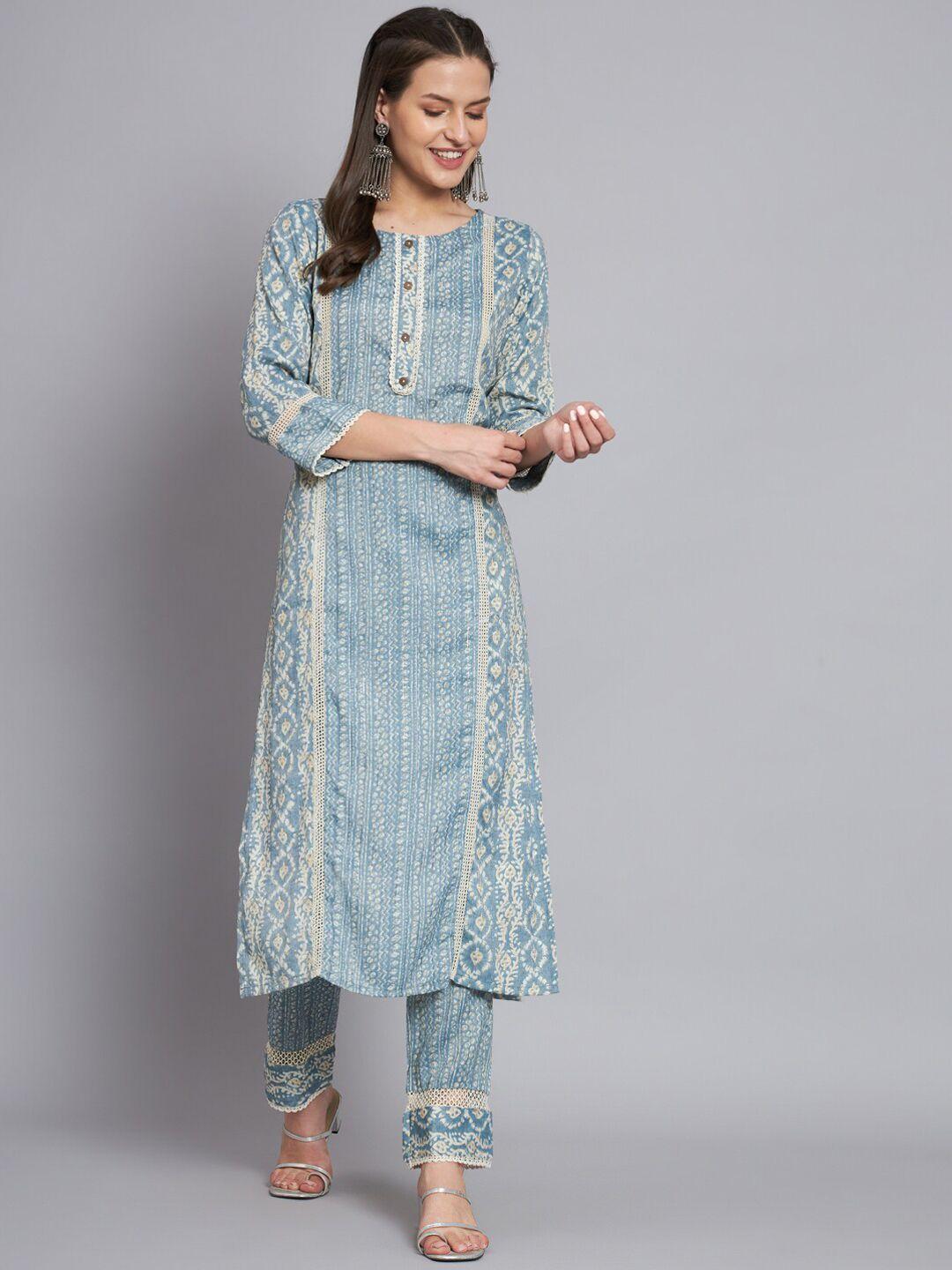 mesmora fashion ethnic motifs printed panelled pure cotton kurta with trousers