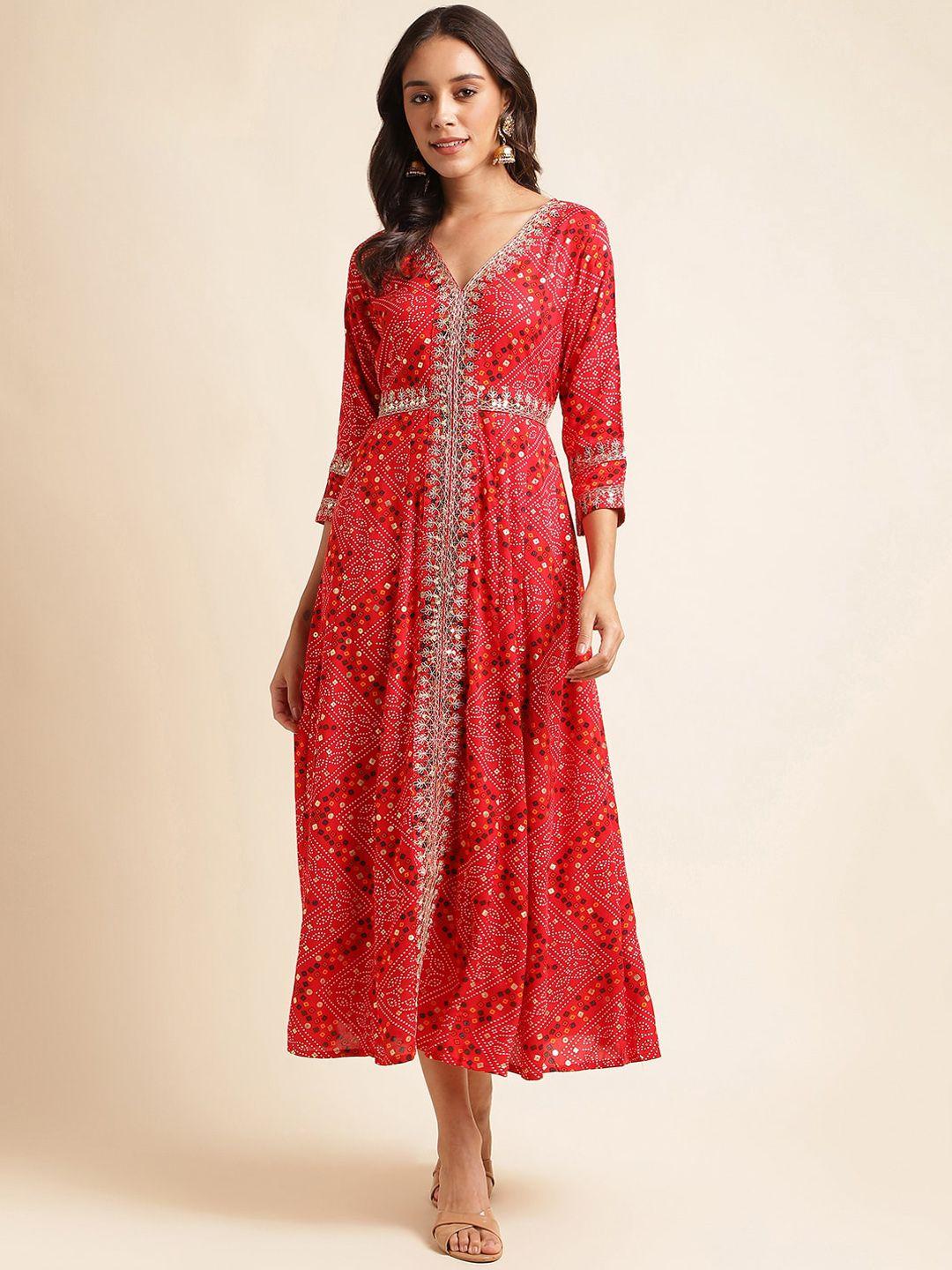 mesmora fashion ethnic motifs printed sequinned pure cotton a-line ethnic dresses