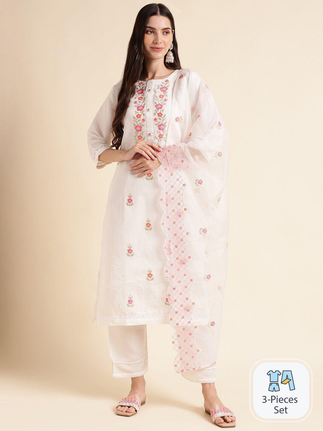 mesmora fashion floral embroidered pure cotton kurta with trousers & dupatta