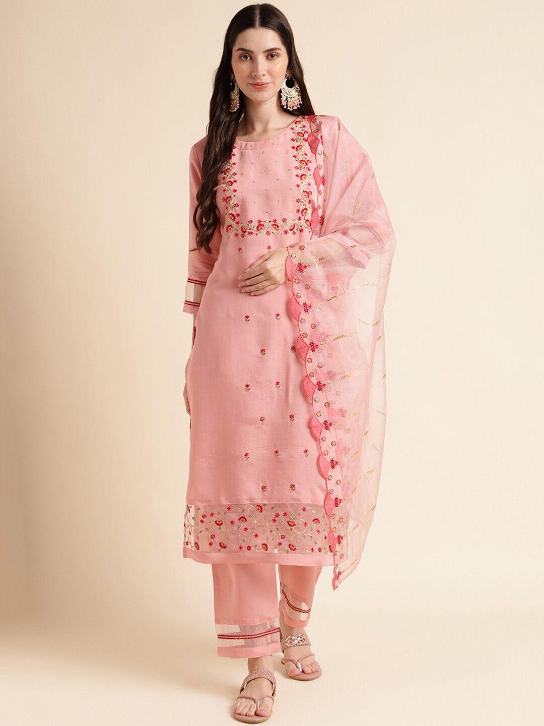 mesmora fashion floral embroidered pure cotton straight kurta with trousers & dupatta