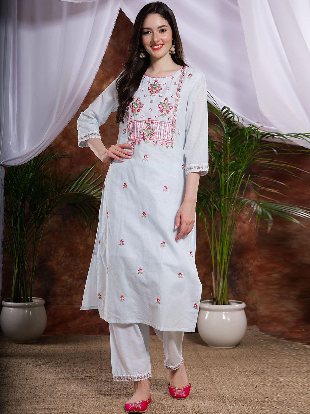 mesmora fashion floral embroidered thread work pure cotton kurta with palazzos & dupatta