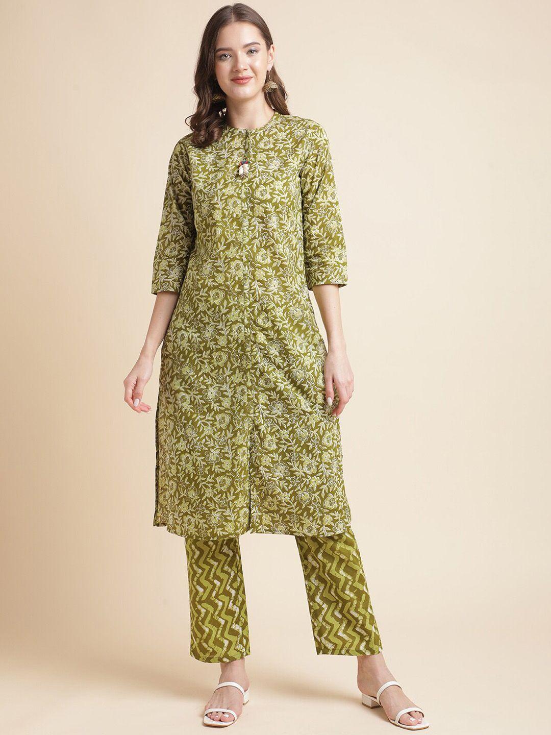 mesmora fashion floral printed band collar pure cotton straight kurta with trousers