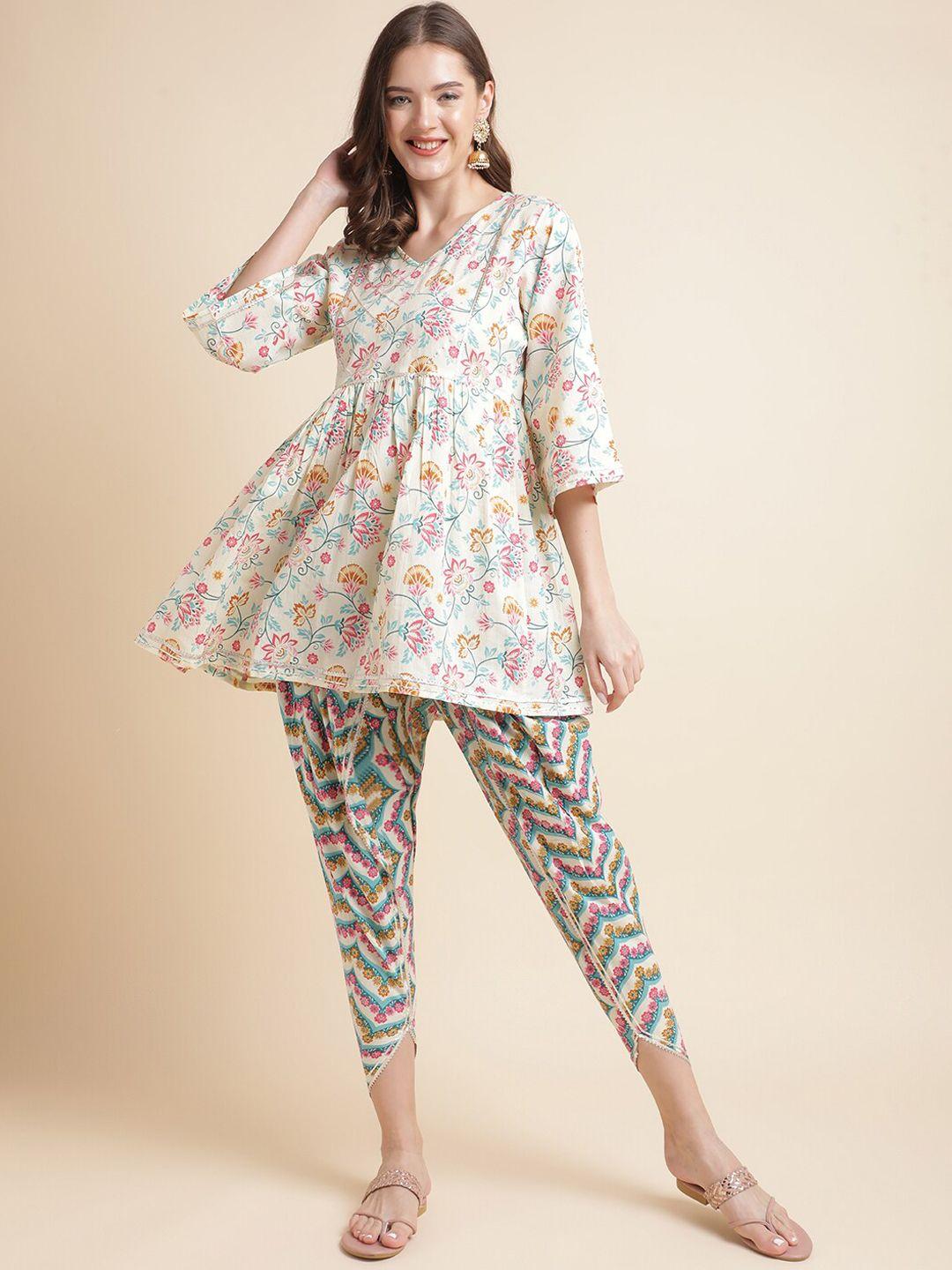 mesmora fashion floral printed pure cotton a-line kurti with dhoti pants