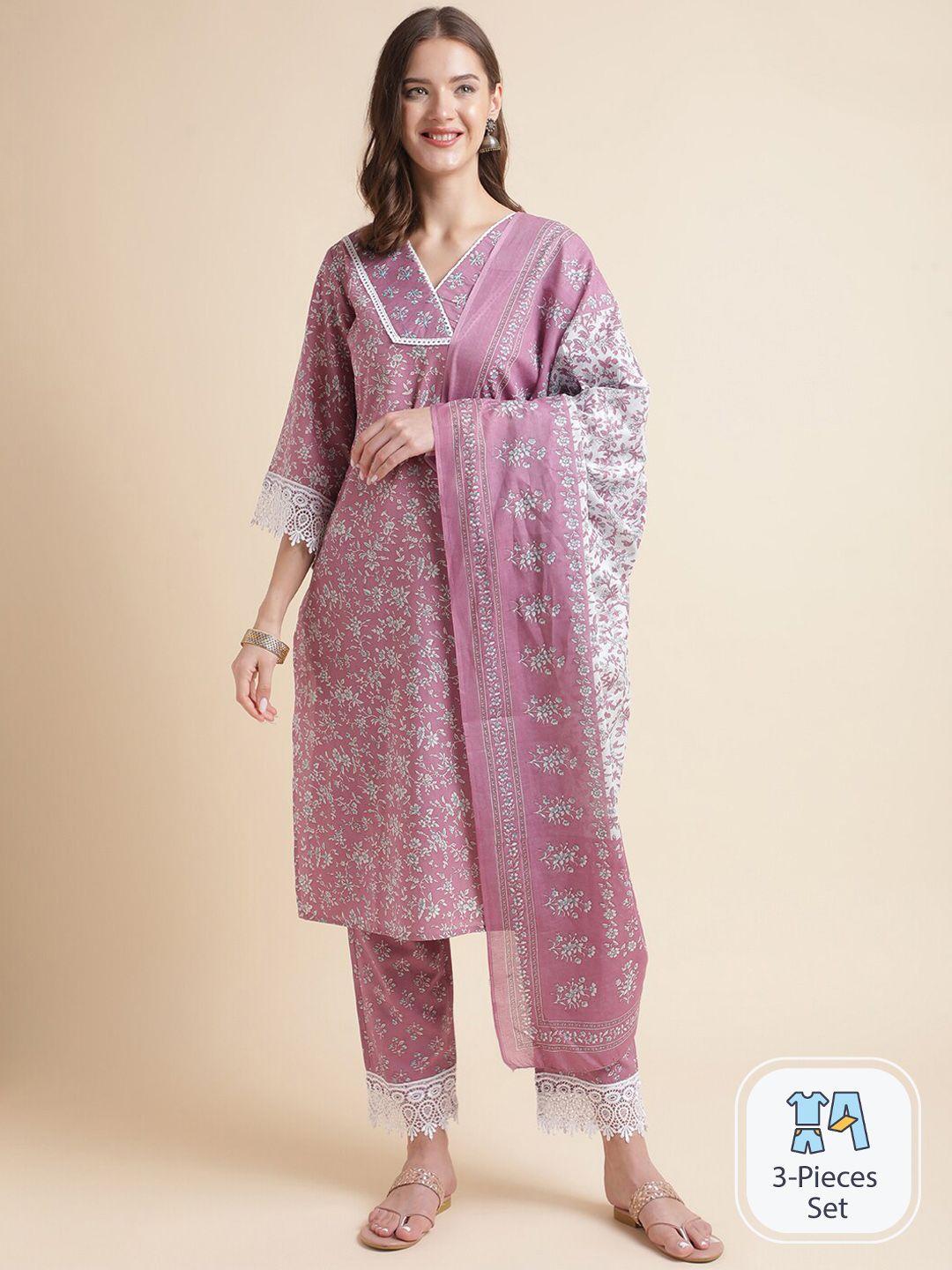 mesmora fashion floral printed pure cotton regular kurta with trousers & dupatta