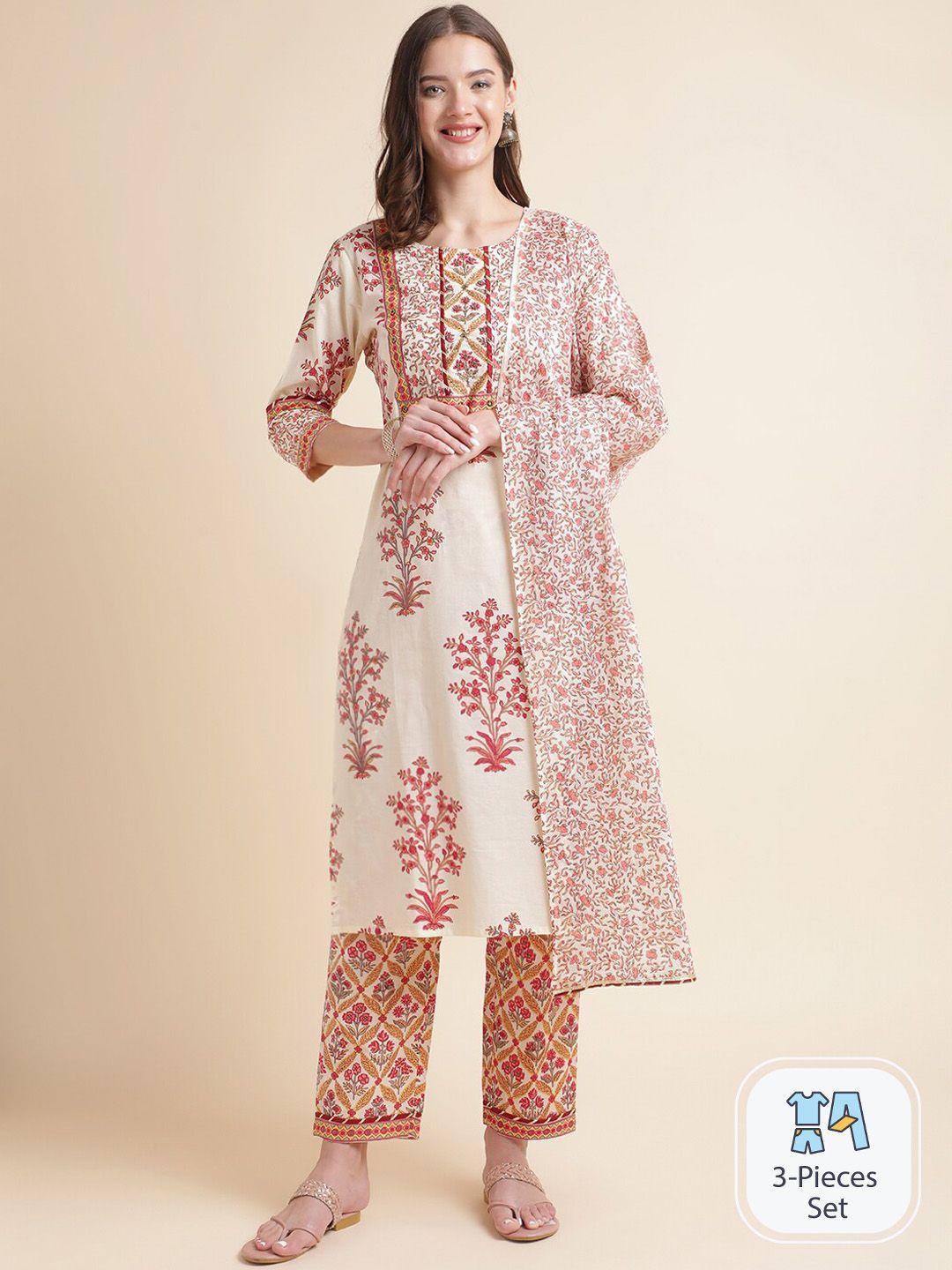 mesmora fashion floral printed pure cotton regular kurta with trousers & dupatta