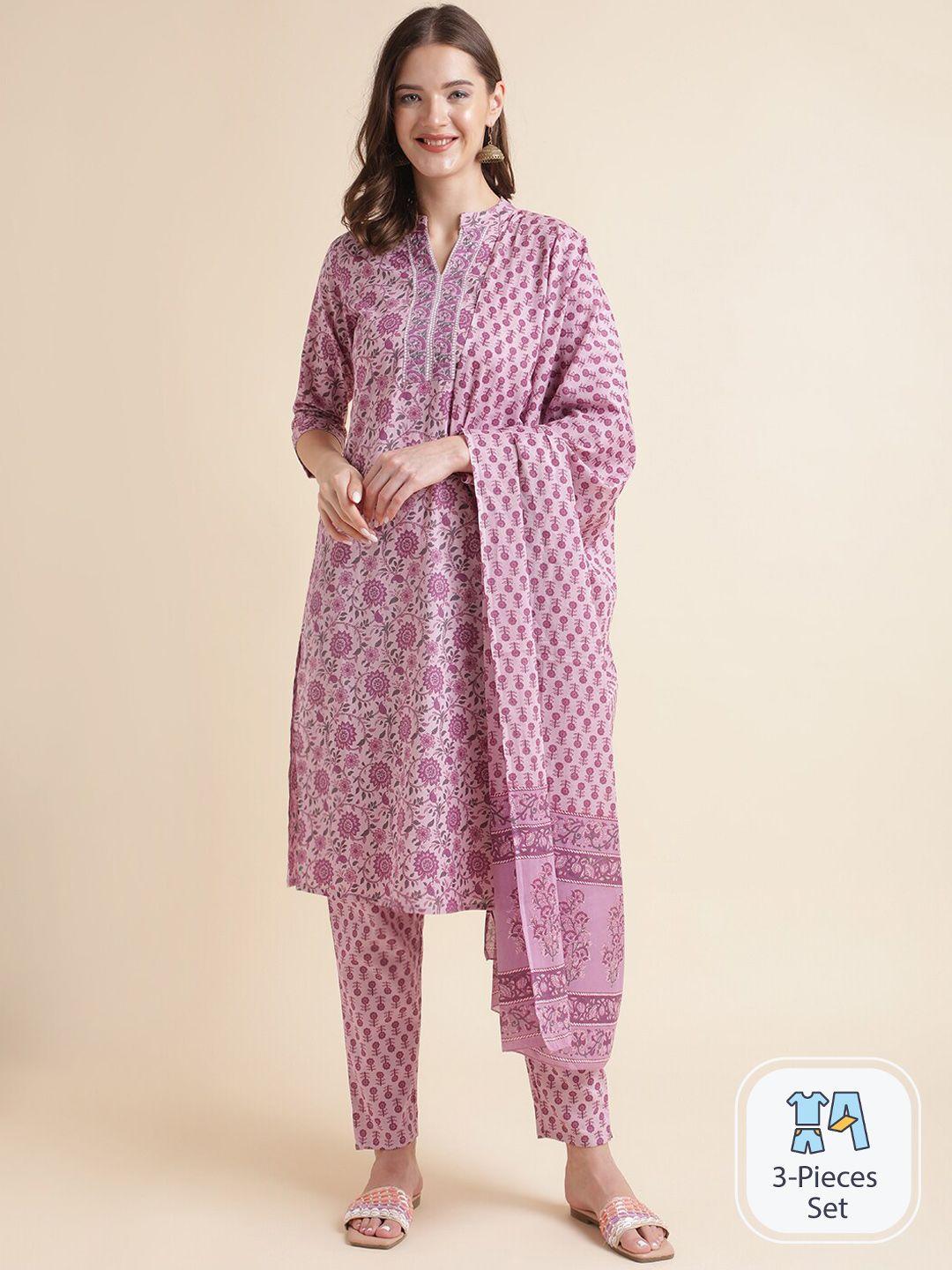 mesmora fashion floral printed regular pure cotton kurta with trousers & dupatta