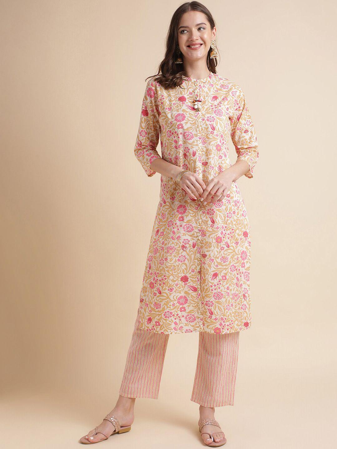 mesmora fashion floral printed regular pure cotton kurta with trousers