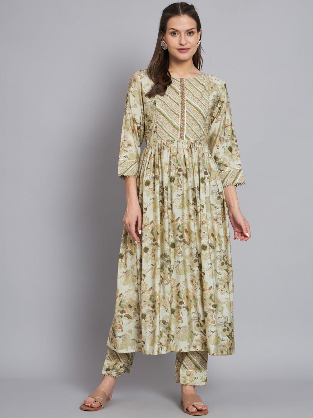 mesmora fashion floral printed thread work detail pure cotton kurta with trousers