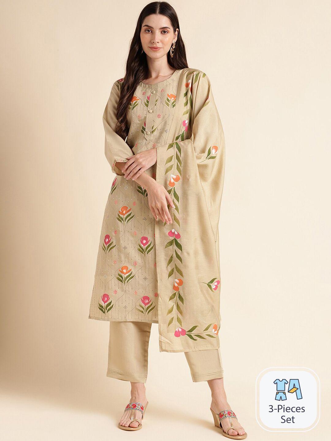 mesmora fashion floral printed thread work pure cotton kurti with trousers & dupatta