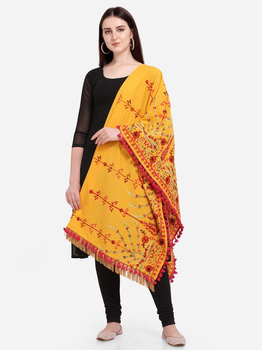 mesmora fashion mustard & pink embroidered pure cotton dupatta with tassel lace