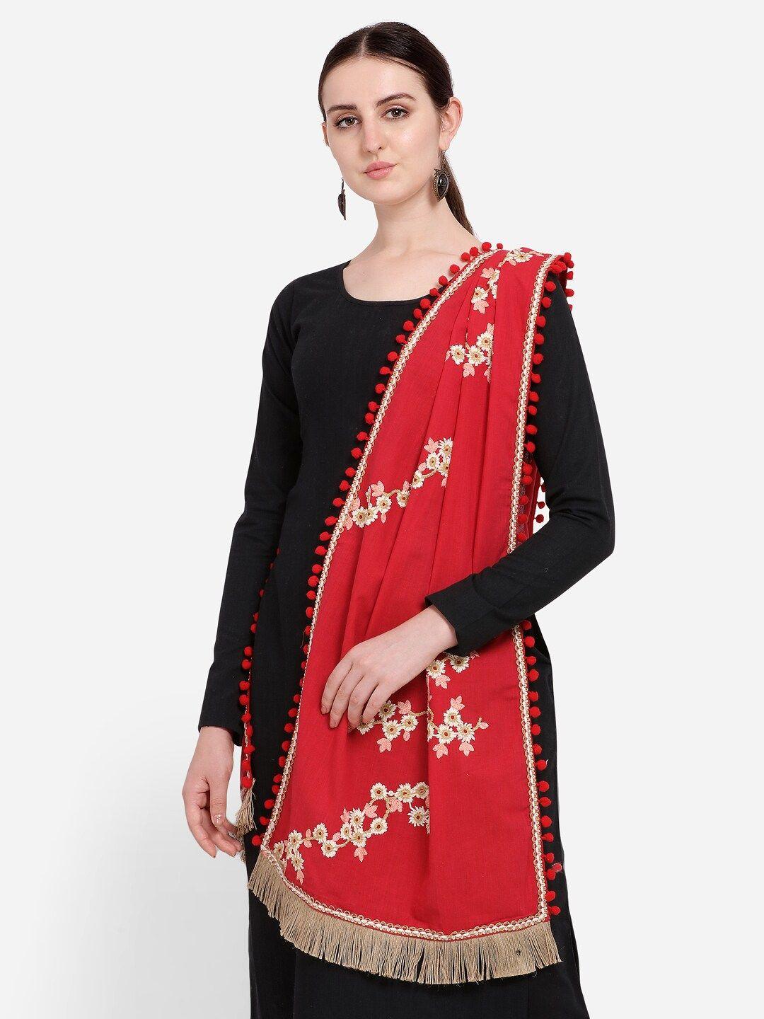 mesmora fashion red & white embroidered pure cotton dupatta