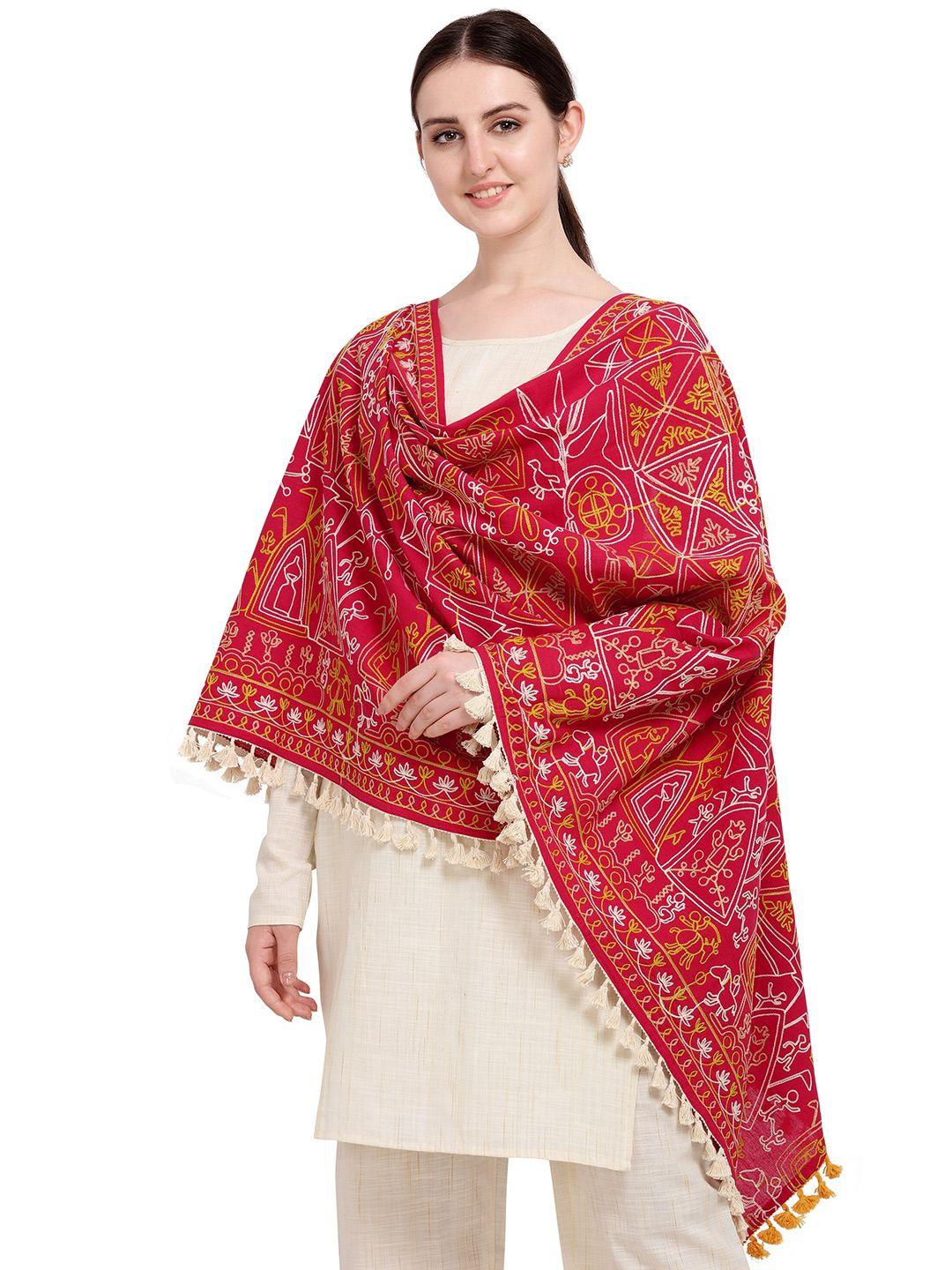 mesmora fashion red & white ethnic motifs embroidered pure cotton dupatta