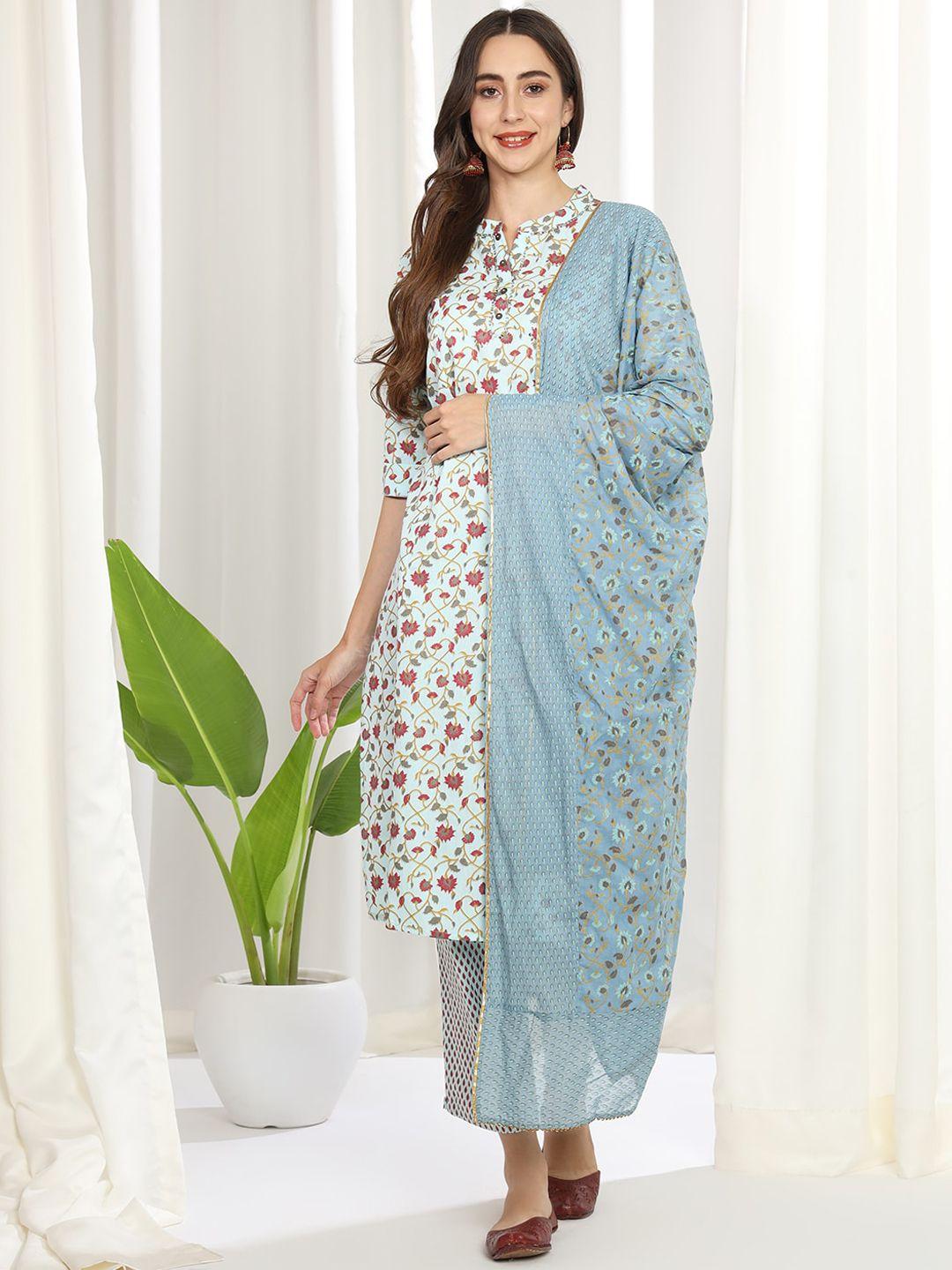 mesmora fashion women blue floral printed regular pure cotton kurta with trousers & with dupatta