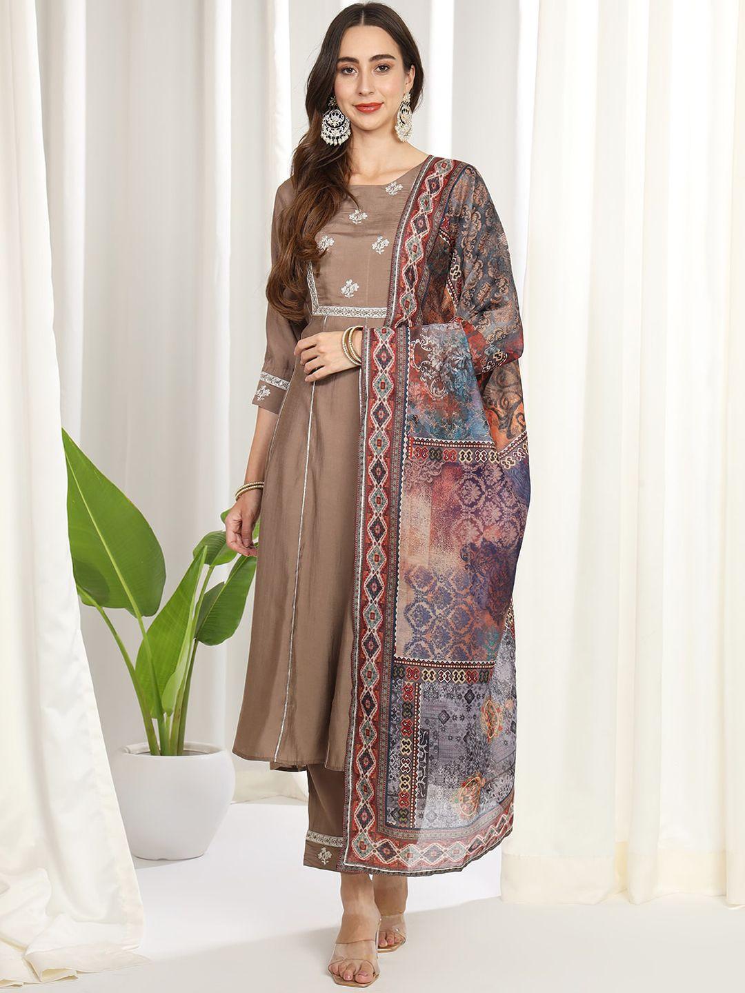 mesmora fashion women brown ethnic motifs yoke design regular thread work kurta with trousers & with dupatta