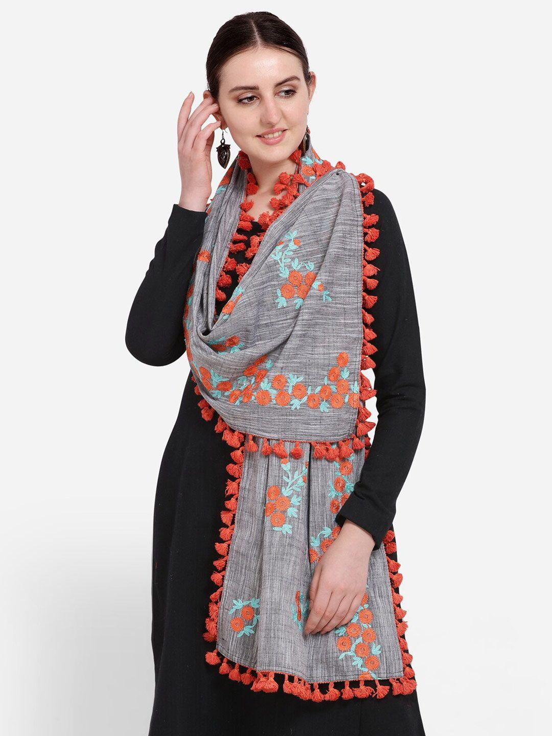 mesmora fashion women grey & orange embroidered pom pom detail pure cotton dupatta