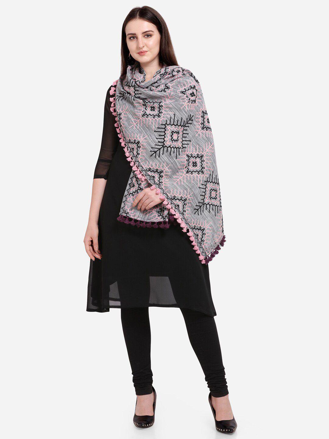 mesmora fashion women grey & pink embroidered pure cotton dupatta with thread work