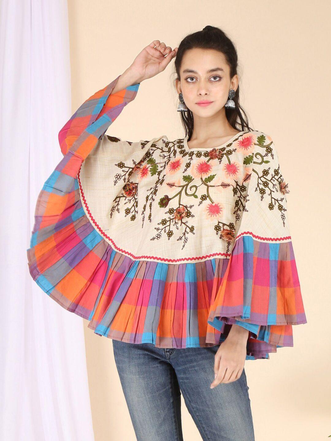 mesmora fashion women off white & blue floral cotton poncho