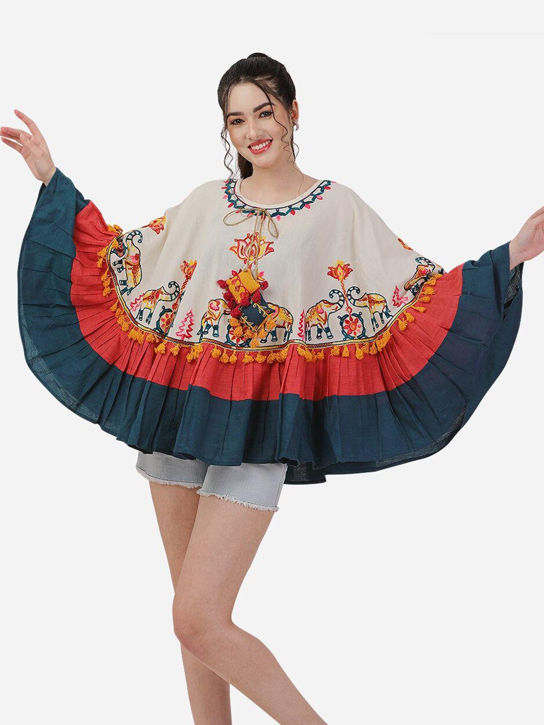mesmora fashion women round neck ethnic motifs cotton poncho with embroidered detail