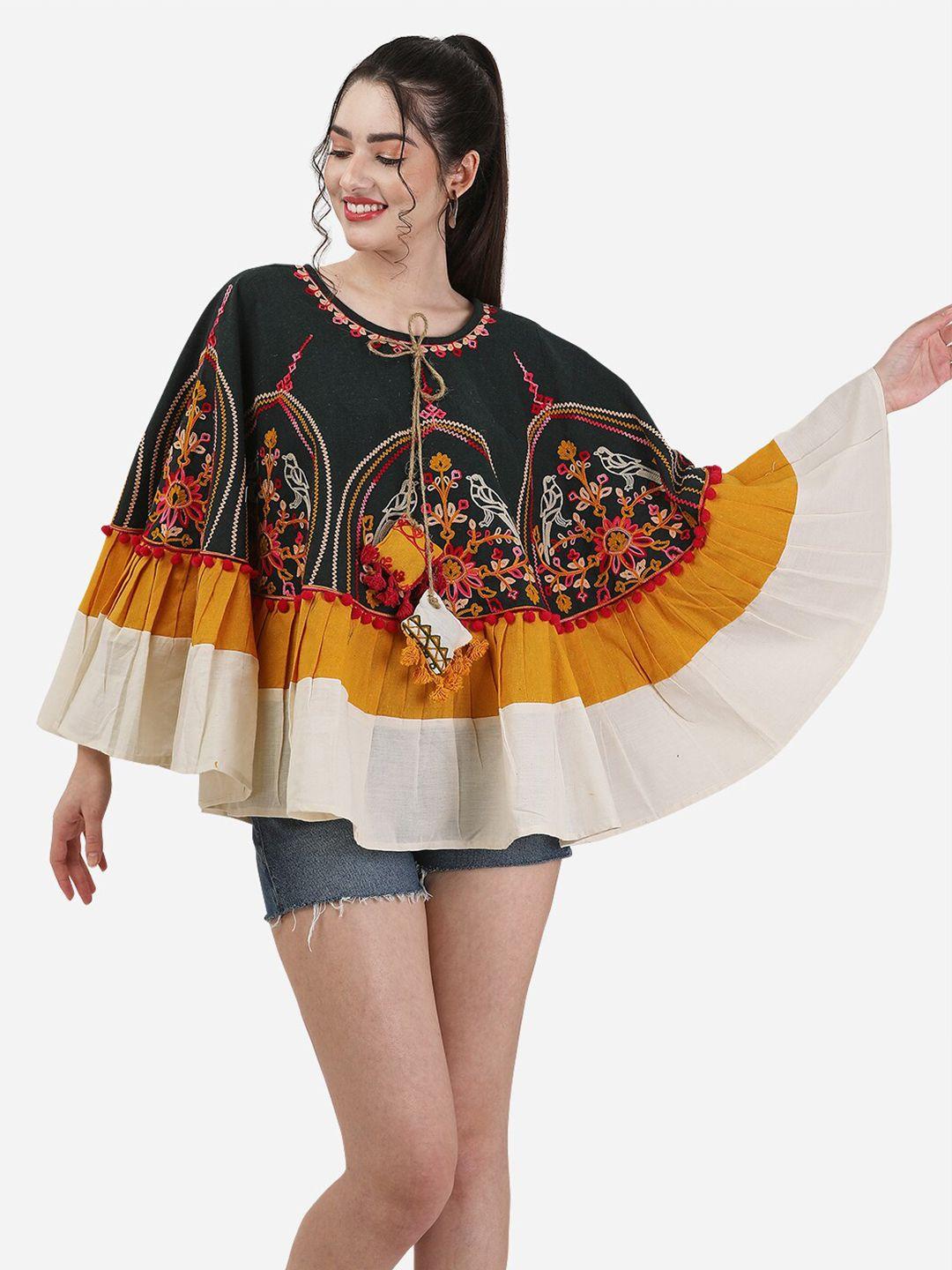 mesmora fashion women round neck floral cotton poncho with embroidered detail