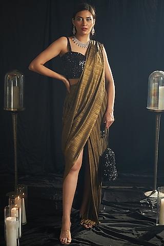 metal gold metallic shimmer slit saree set