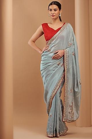 metal grey upada silk embroidered saree