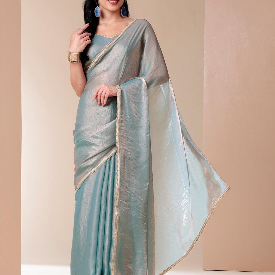 metallic charm saree (tissue  metallic blue saree with lace border)
