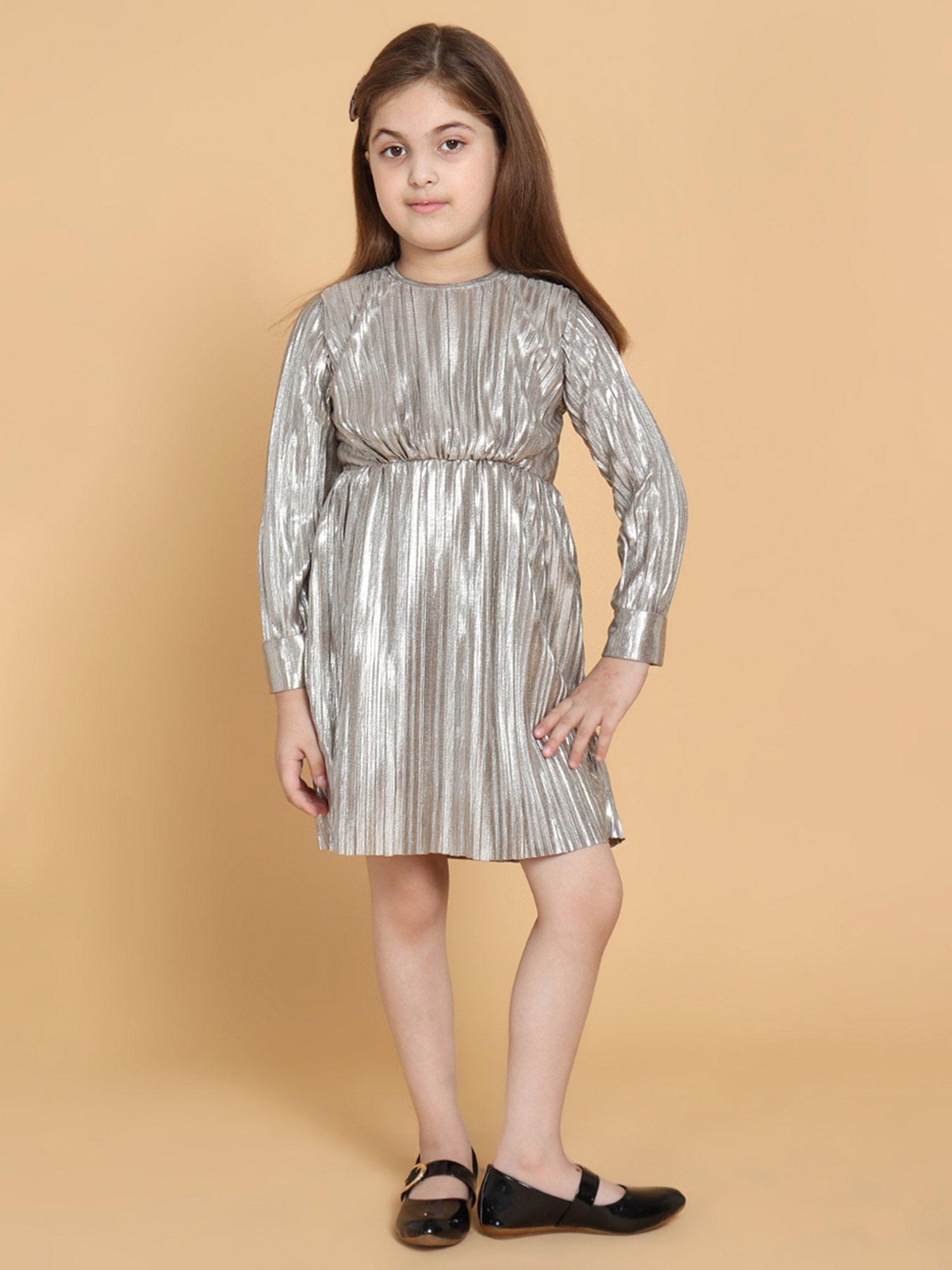 metallic-pleated-long-sleeves-dress