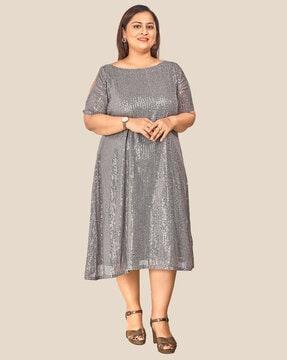 metallic & glitter boat-neck a-line dress