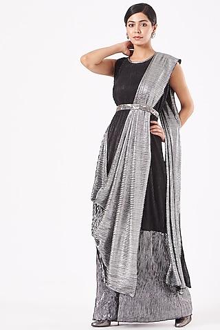 metallic black & silver pleated polyester saree