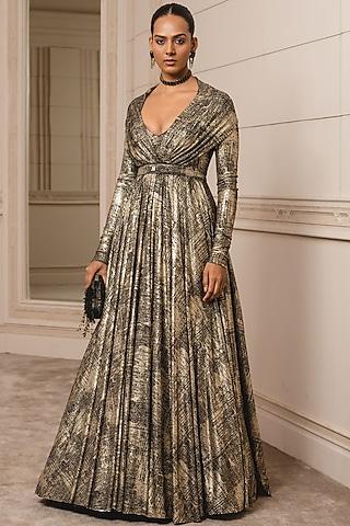 metallic black cape-style gown