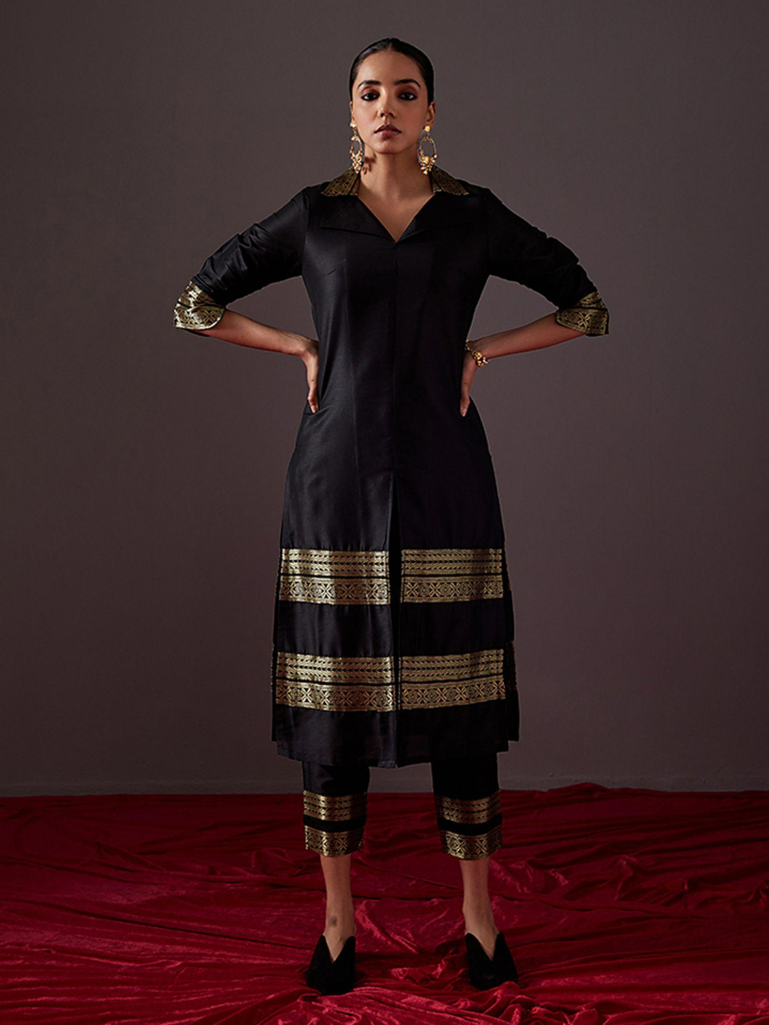 metallic black collared banarasi kurta with banarasi zari border