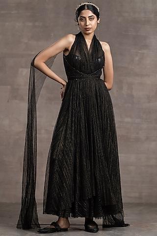 metallic black crinkle tulle flared dress