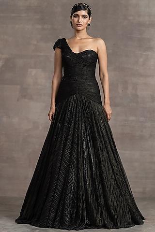 metallic black crinkle tulle gown