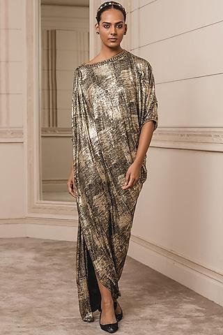 metallic black draped kaftan dress