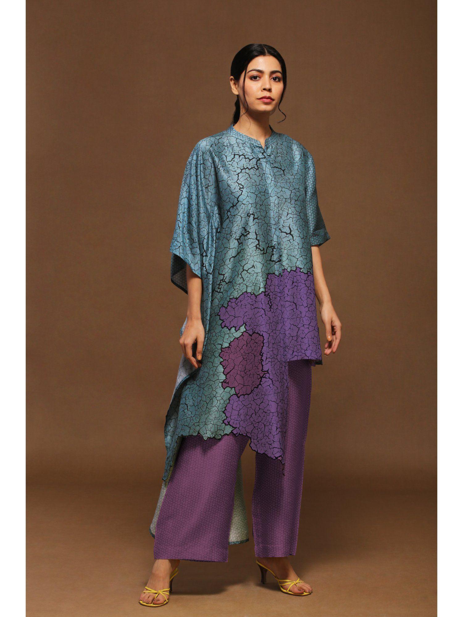 metallic blue color variation asymmetric cutwork tunic with contrast bottoms (set of 2)