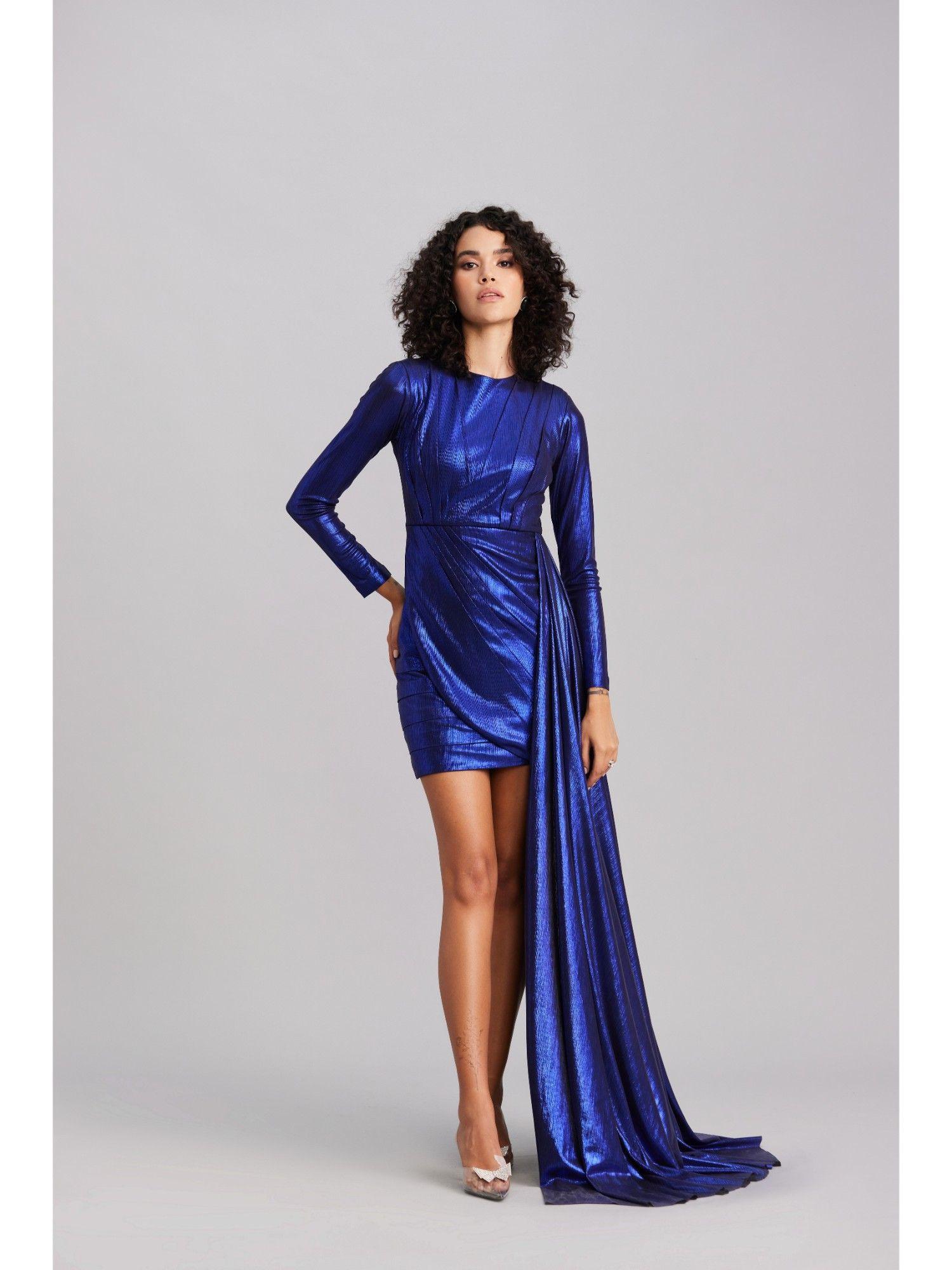 metallic blue drape dress