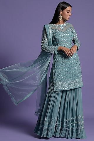 metallic blue georgette embroidered kurta set