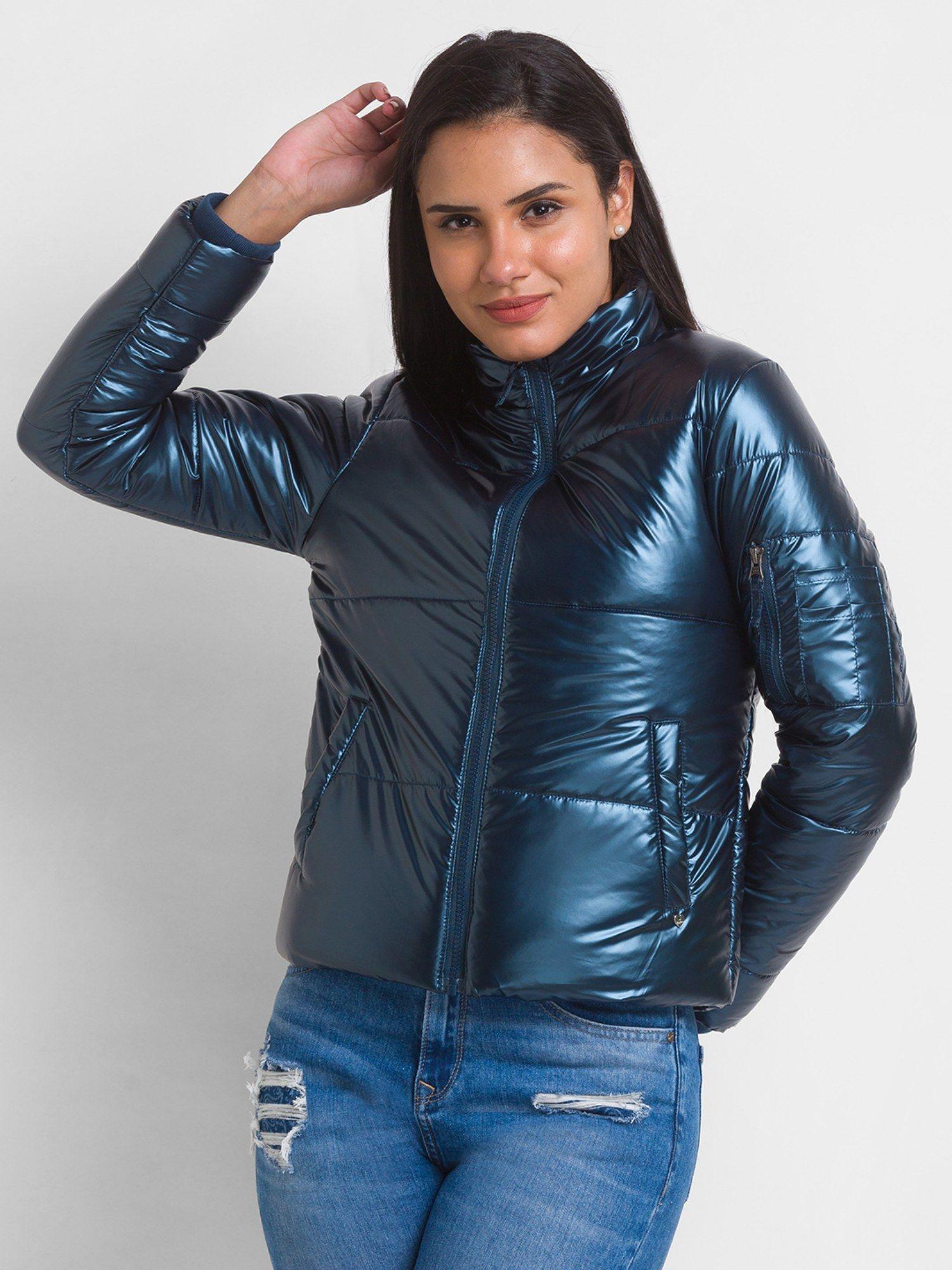 metallic blue nylon full sleeve casual jacket for women