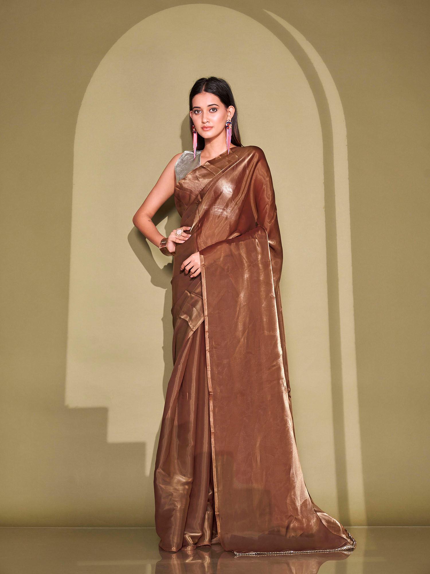 metallic brown colour organza saree with stitched blouse