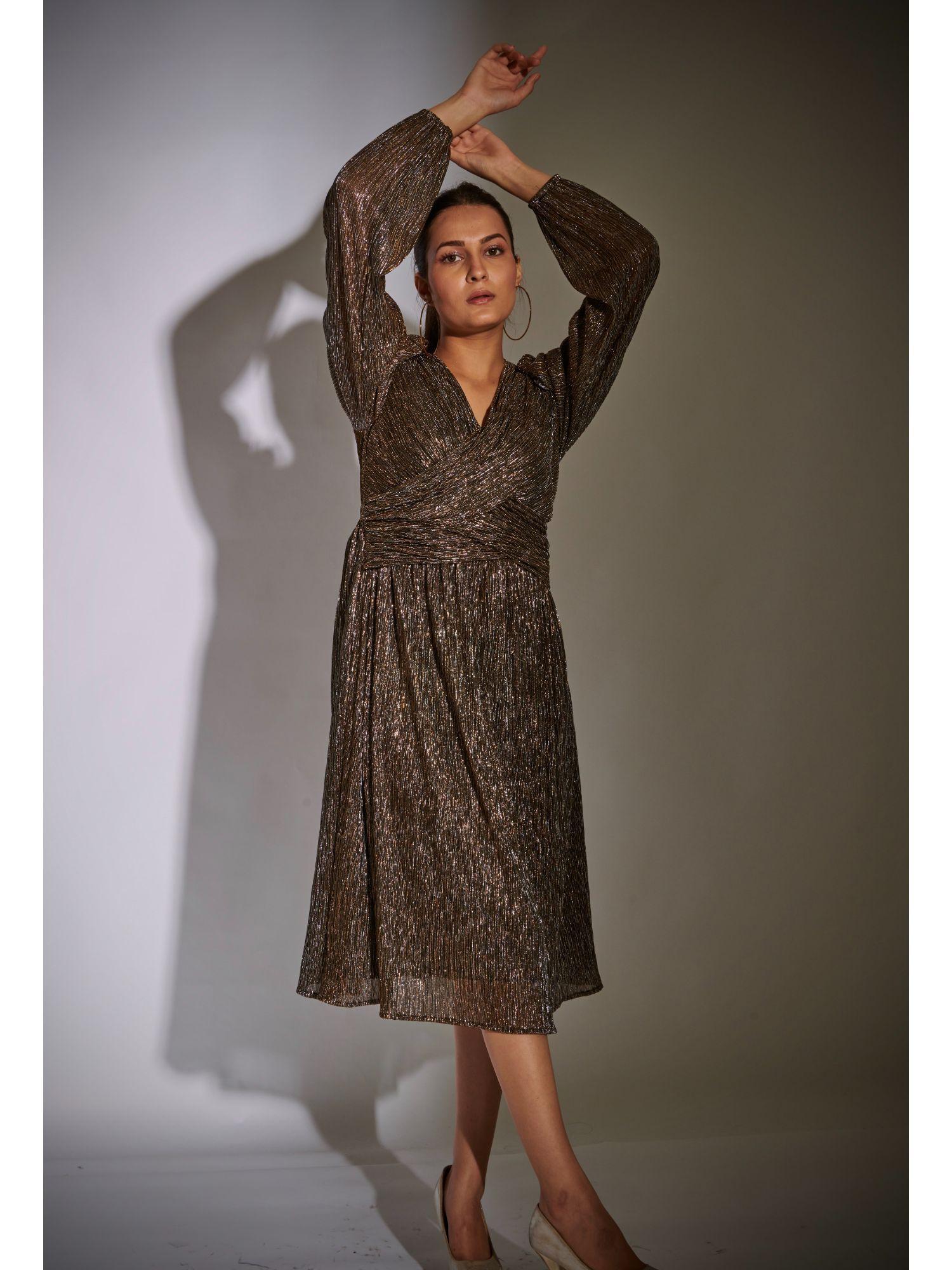 metallic copper draped midi dress